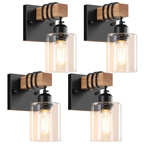 Image of Licperron Farmhouse Wall Sconces 4-Pack, Rustic Wood Vanity Light Fixtures for Bathroom, 1-Light Black Bath Wall Mount Lamp with Clear Glass Shades, Wall Lights for Living Room, Mirror, Cabinet
