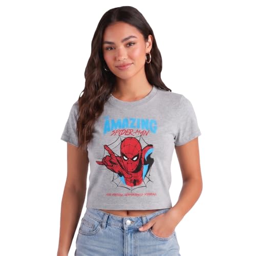 Marvel Spider-Man Womens Baby Tee Cropped Graphic Shirts for Women Size Large Spider-man Heather Grey