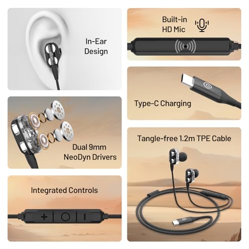 Image of pTron Boom Play X4 Dual Driver in-Ear Type C Wired Earphones with in-line HD Mic, Music Call Control, Ergo-fit, 1.2m Tangle-Free Cable, Wide Compatibility (Black)