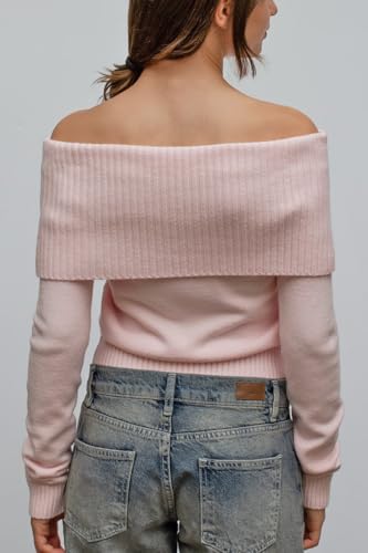 Women Fold Over Sweater Fall Off Shoulder Long Sleeve Oversized Cozy Pullover Knit Sweaters Y2K Girls Trendy Tops3