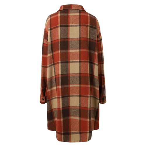 XINGJIAARTS Fall Jackets For Women Trendy Plaid Shacket Long Flannel Shirt Jacket Lapel Button Down Cardigan with Pockets Brick Red Medium - image 5