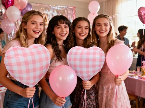 Image of 4pcs 18 inch Pink Heart Checked Balloons Striped Plaid Heart Foil Balloons for Spring Party Decorations Picnic Party Decor Love Theme Birthday Party Wedding Baby Shower Versatile Party Decor