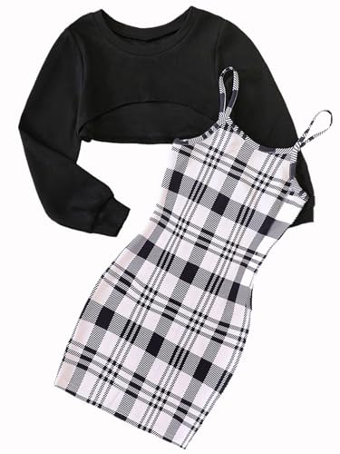 Kids Girls Two Piece Clothes Set Plaid Bodycon Cami Dress with Long Sleeve Crew Neck Crop Sweatshirt