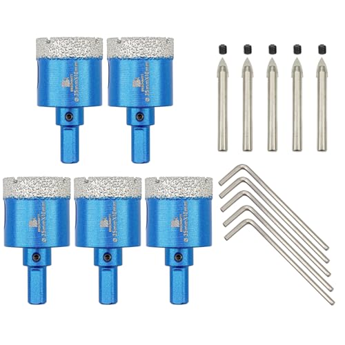 Dry Diamond Core Drill Bit with Pilot Bit - 1 3/8" inch Diamond Tile Hole Saw with Triangle Shank for Porcelain Tile Ceramic Stone Granite Marble(5pcs)