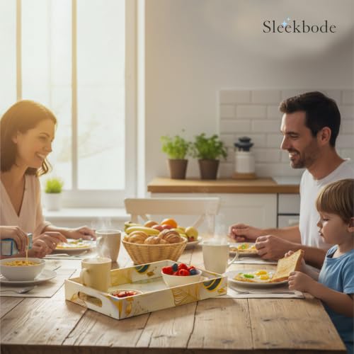 Image of Wooden Serving Tray Set of 3 | Enamel Coated Waterproof Rectangular Trays with Gold Engraving | Tea, Snacks & Dining Table Decor | Home & Kitchen Decorative Center Table Trays