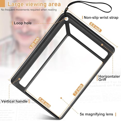 5X Full Page Magnifying Glass for Reading, Lightweight Rectangular Magnifier Provides Large Book Page Viewing Area, Upgraded Handheld Magnifier for Reading Small Prints for Seniors Low Vision