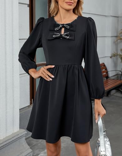 Women's Bow Neck Mini Dresses A Line Rhinestone Short Dress Long Sleeves Flowy Summer Babydoll Dress4