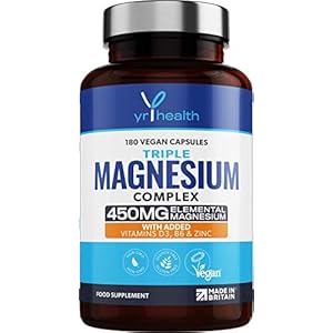Vegan Magnesium Supplements with Zinc, 180 Capsules, Triple Magnesium Complex Supplement Plus Vitamin D, B6 & Copper, Vegan Society Registered, Made in The UK by YrHealth
