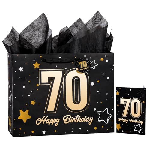 Image of Powbrace 13 inch Black 70th Birthday Gift Bag with Tissue Paper and Greeting Card for Party,Happy Birthday Gift Bag for Men Women,Gift Bags Medium size(1 Black 70th)