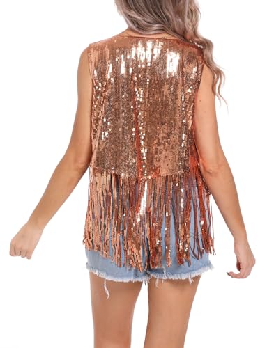 FEOYA Women Sequins Fringe Vest Glitter Sparkly Sleeveless Jacket 70s Open Front Tassel Vest2