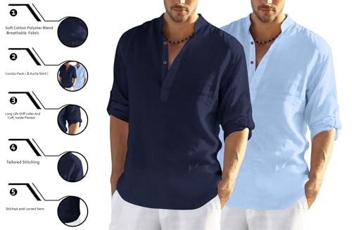 Image of Zombom Men's Combo Cotton Polyester Blend Solid Full Sleeve Straight Regular Fit Mandarin /Chinese Collor Kurta (Pack of 2)