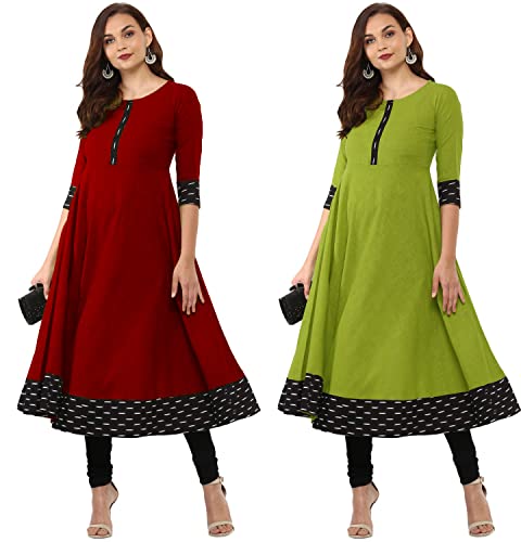 Image of NATEK Plain Cotton New Branded Anarkali Tops Kurtis for Ladies Women - Combo Sets of 2 Maroon, Mehandi Colour Large Size