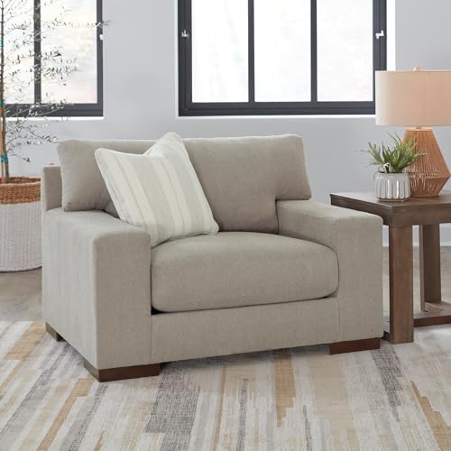 Image of Signature Design by Ashley Maggie Oversized Chair, Cozy Chair and a Half, Plush Chenille, Durable Wood Frame, No Assembly Required, Accent Pillow, For Living Room & Bedroom, Flax Light Gray