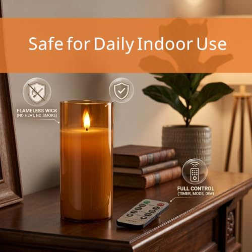 Image of LTETTES Real Wax Led Candle with Glass Cup | Flameless Flickering Wick | Amber Glass Finish | Battery Operated with Remote Controller | Decorative Candle for Home, Festival & Gifting | D-3 inch x H-5 inch