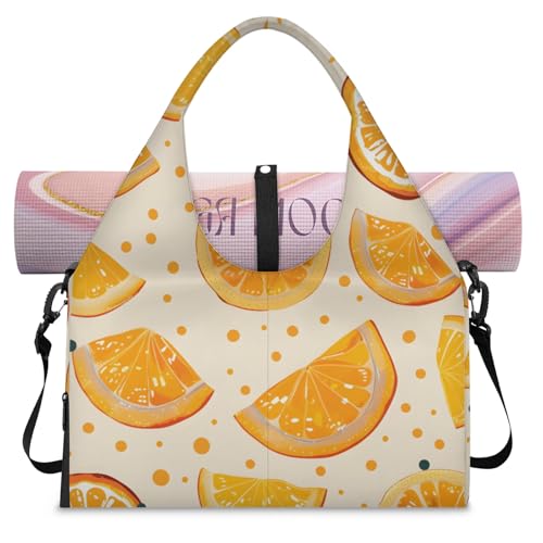 Yoga Tote Bag for Women Cute Orange Slices Beach Bag with Shoe Storage & Yoga Mat Strap Waterproof Weekender Duffle Bag for Travel Fitness Weekend Trips