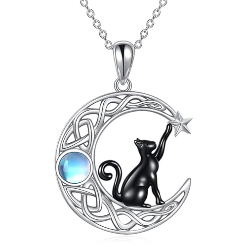 LSxAB Collar con piedra lunar de gato en la luna con nudo celta, colgante de media luna, collares para mujeres y niñas, Cobre, No es una piedra preciosa