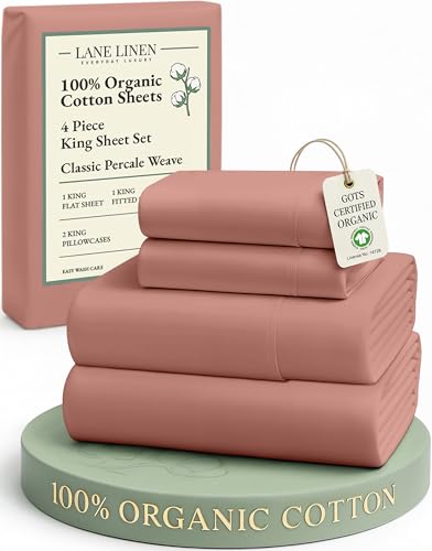 Image of LANE LINEN 100% Organic Cotton Fully Elasticized King Sheet Set, Low Pilling Fade Resistant Machine Washable Naturally Cooling King Bedding Set, Mercerized Soft & Comfy Cotton Sheets - Rose Dawn