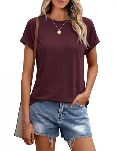 Leversic T-Shirt d'été Décontracté Femme Manches Courtes Coupe Ample Basique col Rond 183-Bordeaux M