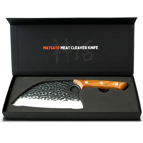 Matsato Hackmesser, Profi Küchenbeil aus Edelstahl mit ergonomischem Beechwood-Griff, Hammeroptik, Scharf für Fleisch, Knochen & Gemüse –...