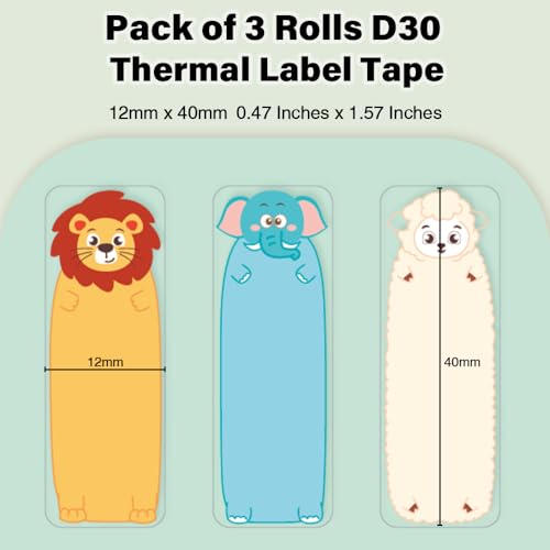 Image of Phomemo D30 Label Maker Tape, Black on Animal Patterns, Vertical Label Tape, Special Shapes, Pre-Cut Self-Adhesive Stickers, Thermal Paper Label Tag, 14mm x 40mm, 3 Rolls