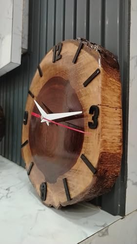 Image of Wall Clock | Handcrafted Sheesham Wooden Wall Clock with Silent Sweep Quartz Movement - Solid Wood Wall Clock for Living Room, Office & Home Decor (Rustic Design) (Black)