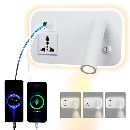 uksunvi LED lampada da parete da lettura con presa universale, USB Type-C doppia porta di ricarica regolabile interruttore 12W lampada da parete rotante con tre colori dimming (Rettangolo bianco)