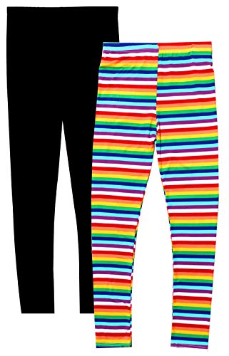 Girls' Leggings, High Waist, Full Length, Soft and Stretchy, Rainbow Stripes Graphic Print & Black2