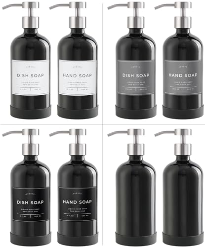 Image of Hand and Dish Soap Dispenser for Kitchen and Bathroom, Set of 2 16 Oz Glass Bottles, Stainless Steel Pumps, Non-Slip Silicone Base, 27 Waterproof Labels (Gloss Black Bottle /Brushed Silver Pump)