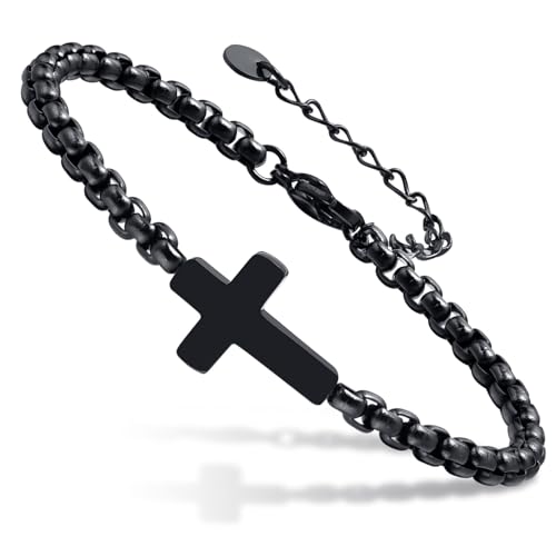 Cross Chain Bracelets for Men Women, Silver/Black Stainless Steel Cross Charms Men's Bracelet, Faith Religious Easter Catholic Christian God Jesus Communion Baptism Jewelry Gift Mens Link Bracelet