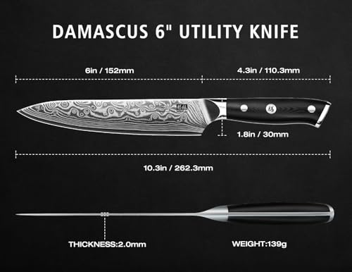 Image of SHAN ZU Damascus Chef Knife, Utility Knife 6 Inch Japanese Steel Damascus Kitchen Knife, 67 Layers Professional High Carbon Super Steel Kitchen Knives with Ergonomic G10 Handle