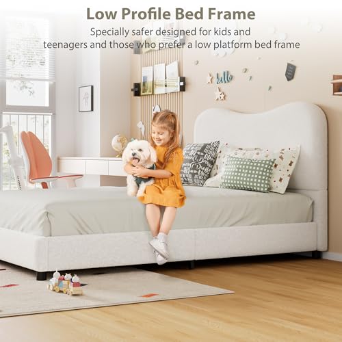 GarveeHome Upholstered Queen Bed Frame with Headboard, Upholstered Velvet Low Profile Platform Bed, No Box Spring Needed, Strong Wooden Slats, Noise Free, Easy Assembly, White