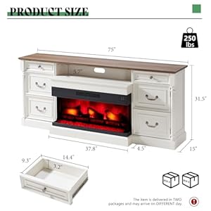 Amerlife 75 farmhouse tv stand with 36 3 sided glass fireplace large entertainment center with 2 drawers doors closed storage tv console for tvs up to 85 distressed white  urban country home decor