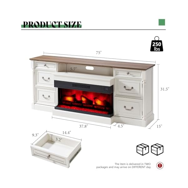 Amerlife 75 farmhouse tv stand with 36 3 sided glass fireplace large entertainment center with 2 drawers doors closed storage tv console for tvs up to 85 distressed white  urban country home decor