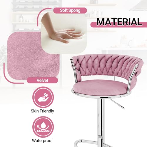 Image of Lamerge Velvet Bar Stools Set of 2,Swivel Bar Chairs Counter Adjustable Height Barstools with Back & Footrest,Upholstered Kitchen Island Chairs for Pub(2PCS Pink)