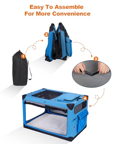 Ownpets 122 cm XXL Klappbarer Hundekäfig für Große Hunde, Tragbarer Reisehundekäfig, 4-Türiger Faltenbarer Haustierkäfig mit Robusten Netzfenstern und Weicher Matte, Blau