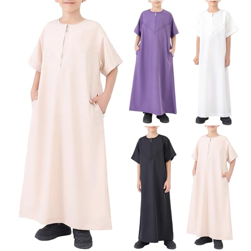 Muslim Thobe for Boys Short Sleeve Kaftan Ramadan Kids Muslim Dress for Boys Eid Outfit Islamic Arabic Prayer Clothes