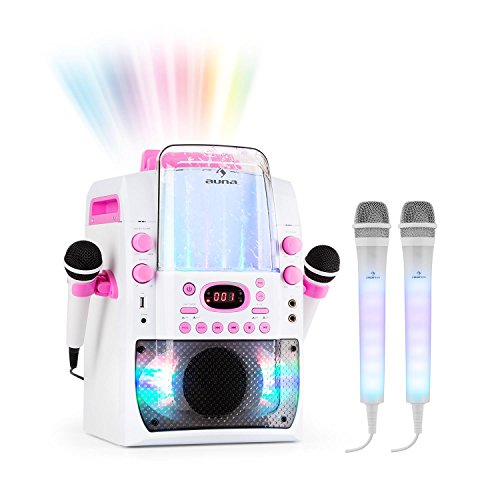 Auna Kara Liquida BT y Juego de micrófonos Dazzl - Equipo de Karaoke, Juego de Karaoke, Efecto Luminoso LED Fuente de Agua, USB, MP3, Bluetooth, Efecto Eco y función AVC, Rosa