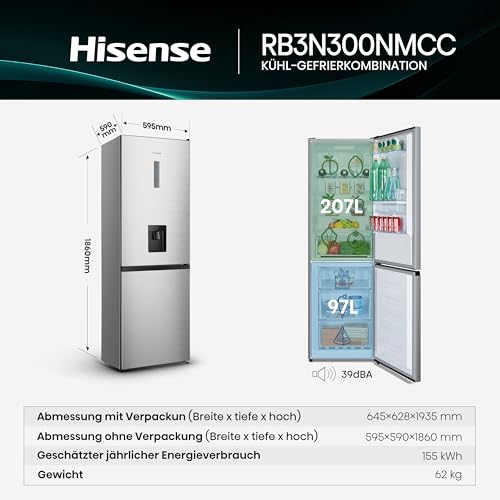 Hisense RB3N300NMCC Kühl-Gefrierkombination/Freistehend/EEK: C /39dB/304 Liter/Total No Frost/Wasserspender/Tür Alarm/LED Display/Weinregal/Türanschlag wechselbar/HxBxT:186x59,5x59 cm/Grau – Bild 3