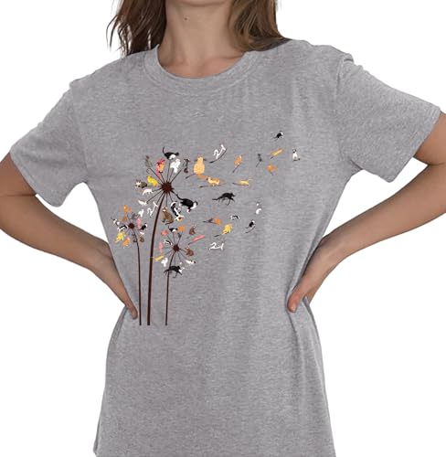 Image of Cat Shirts for Women Flower Tee Shirts Dandelion T Shirt Vintage Floral Graphic Tees Tops