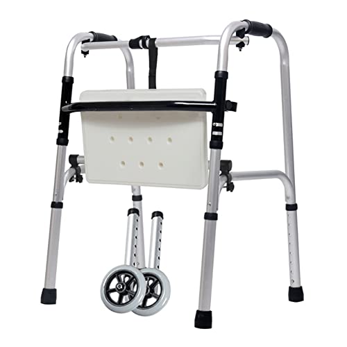 Standard Walkers 2ボタン歩行補助 高齢者用スタンディングウォーカーフレーム ホイール2個とシート付き アルミニウム合金リハビリテーショントレーニング 高さ調節可能