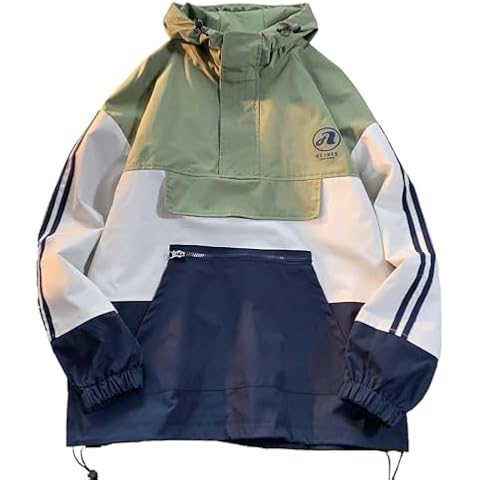 GURUNVANI Mens Color Blocked Anorak Jacket Half Zip Hooded Windbreaker Coat Unisex Outdoor Pullover Jacket, Green, Small Cover