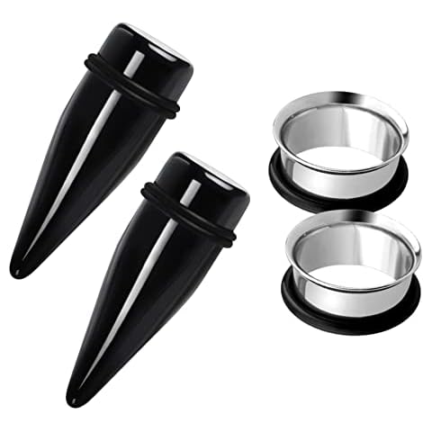 Awinrel 2 Pairs Black Acrylic Ear Tapers and 316L Stainless Steel Tunnels Plugs Gauges Ear Stretching Kit, Acrylic, no gemstone Cover