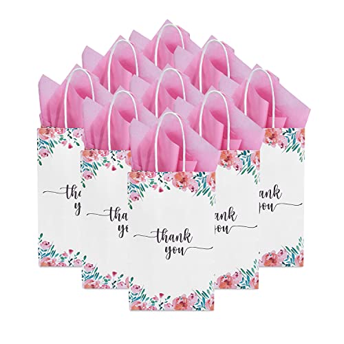 DjinnGlory 50 Pack Small Teal Blue Paper Bags with Handles 9x5.5x3.15 Inch and 50 White Tissue Paper, Thank You Gift Bags for Business Wedding Baby Shower Birthday Party Goodies