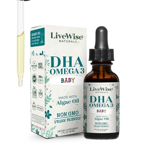 LiveWise Naturals DHA Omega 3 Drops for Kids - Vegan Liquid Omega 3 for Infants, Toddlers & Children - Essential DHA Supplement for Baby Brain, Eye &...