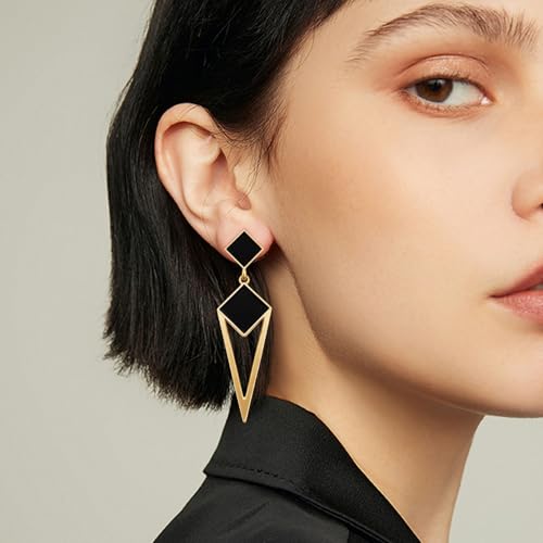 14k Gold Enamel Hollow Triangle Dangle Drop Earrings Black Square Geometry Stud Earrings For Women3