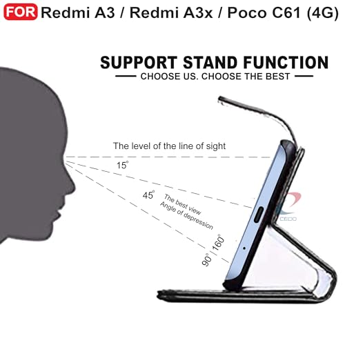 Image of CEDO Flip Cover for Redmi A3 / Redmi A3x / Poco C61 (4G) | Leather Finish | Inside Pockets & Inbuilt Stand | Shockproof Wallet Style Magnetic Closure Back Case Flipcover (Black)