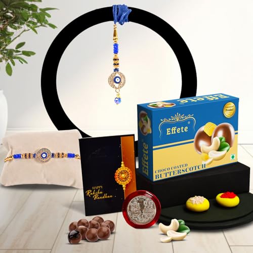 Image of Oblivion Rakhi For Bhai & Bhabhi With Chocolate - Rakhi for Bhai & Lumba for Bhabhi with Chocolate, Roli Chawal, Silver Color Pooja Coin & Greeting Card, Raksha Bandhan Occassion Pack (K1 456 BS32)