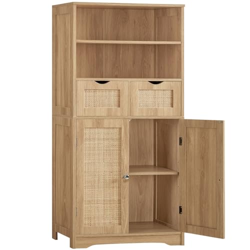 Iwell Tall Storage Cabinet, Rattan Cabinet with 2 Drawers & Adjustable Shelf, Kitchen Pantry Storage Cabient, Entryway Cabinet for Living Room, Dining Room, Home Office, Natural