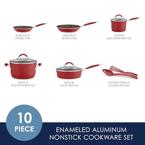 Image of Rachael Ray Cucina Nonstick Cookware /Pots and Pans Set, 10 Piece - Cranberry Red