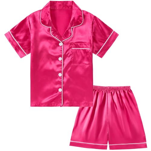 DIPUG Girls Pajamas Satin Girl Pjs Kids Pajama Sleepwear Short Sleeve(Hot Pink)
